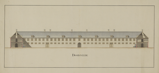 216636 Opstand van een binnengevel met twee doorsneden van het ontwerp voor een cavaleriekazerne te Utrecht.